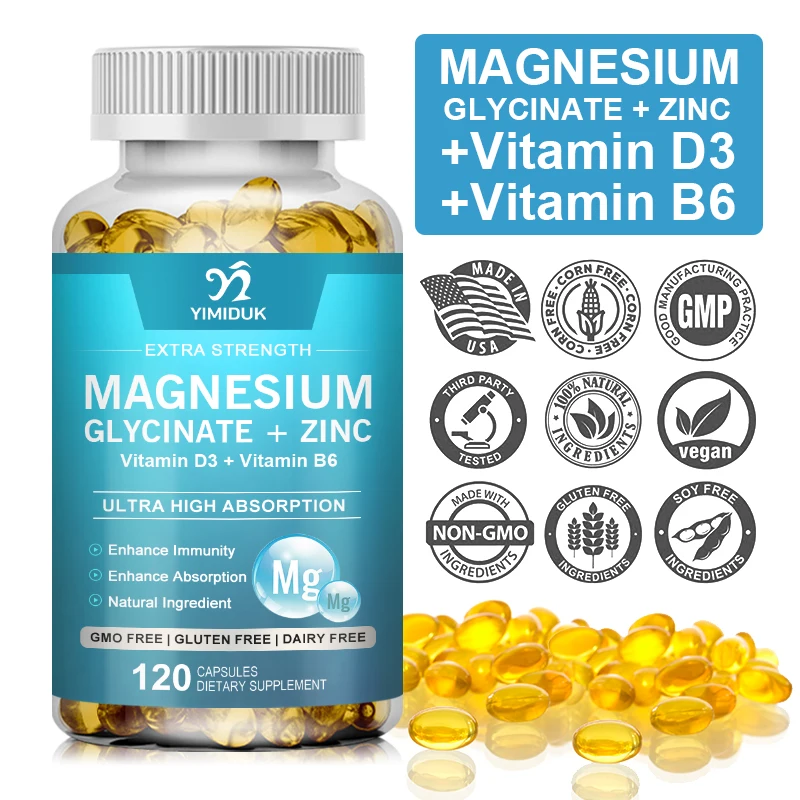 

MAGNESIUM GLYCINATE & ZINC Vitamin D3 B6 Natural Sleep Support Bone Health Immunity Mood Support Heart Health & Muscle Recovery