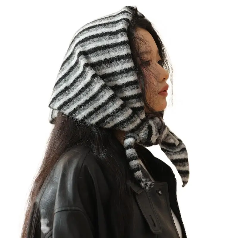 Weicher, flauschiger, schwarz-weiß gestreifter Kapuzenmützen-Schal, warm und winddicht für den Winter, Outdoor, Pendeln und den täglichen Gebrauch. – Detail 6