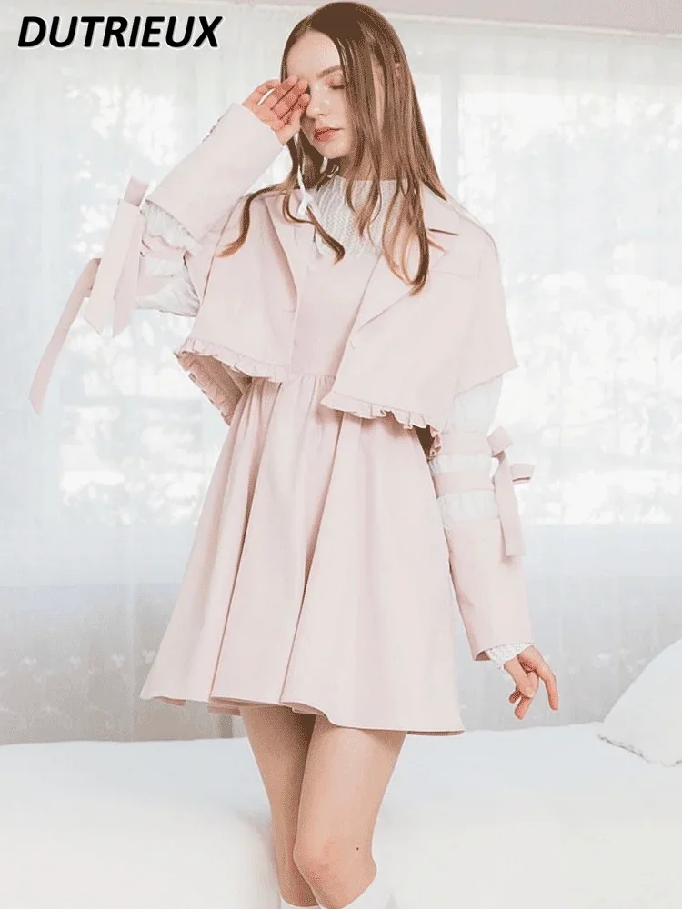 Spring and Autumn New Japanese Style Sweet Cute Girls Bow Lace-up Short Jacket Tulle Splicing Ruffle Edge Short Suit Coat