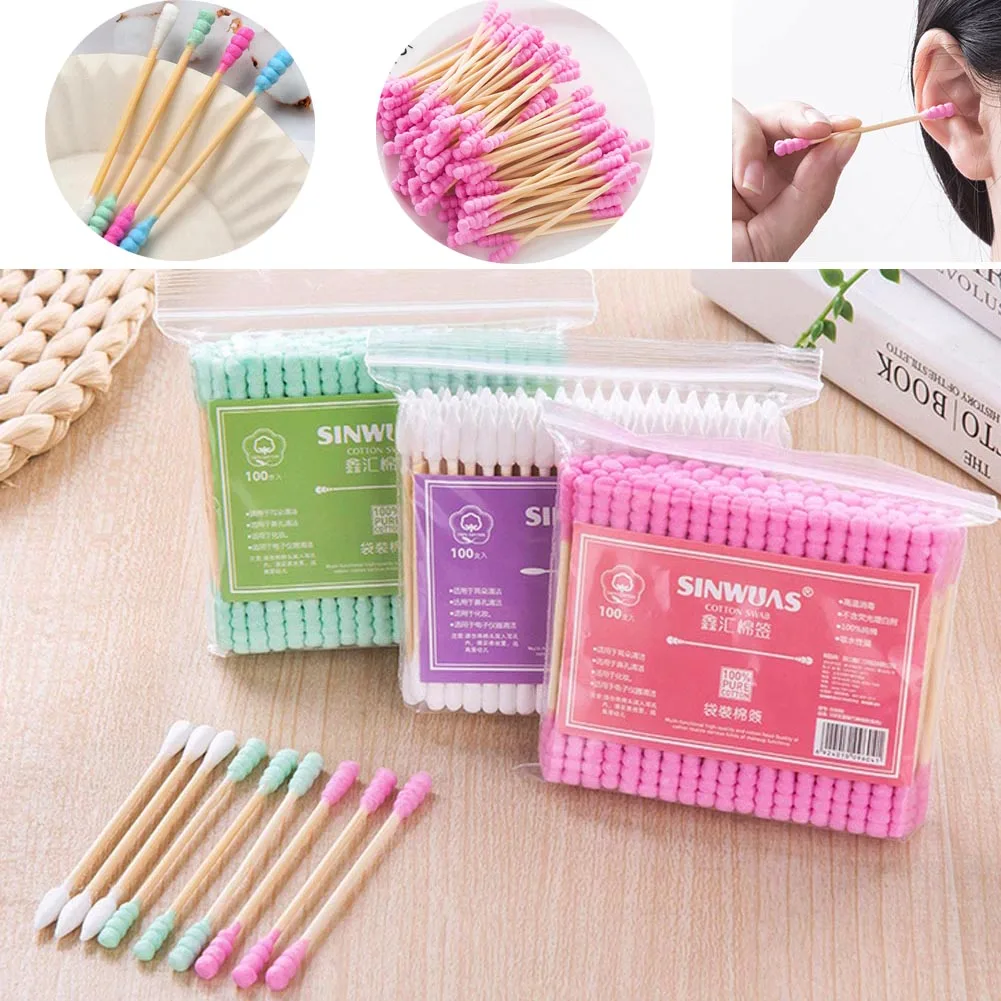 100PCS Disposable Cleansing Cotton Sticks Double Head Dust-free Swabs Ear Pick Cotton Buds With  Thread Makeup Tool Accessories