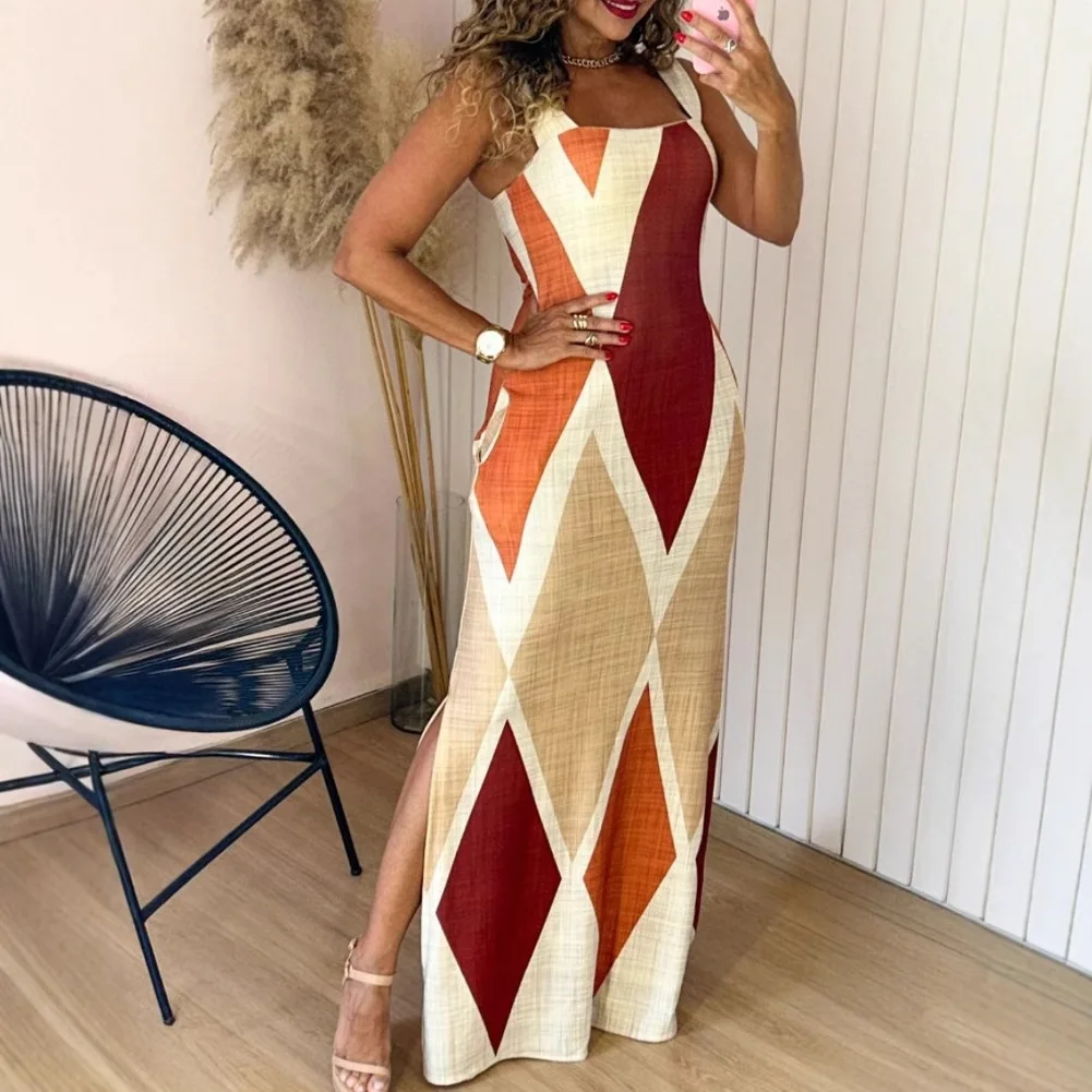 Verão nova moda vestidos femininos viajando casual gola quadrada sem mangas impressão geométrica fino ajuste fenda suspensórios vestido