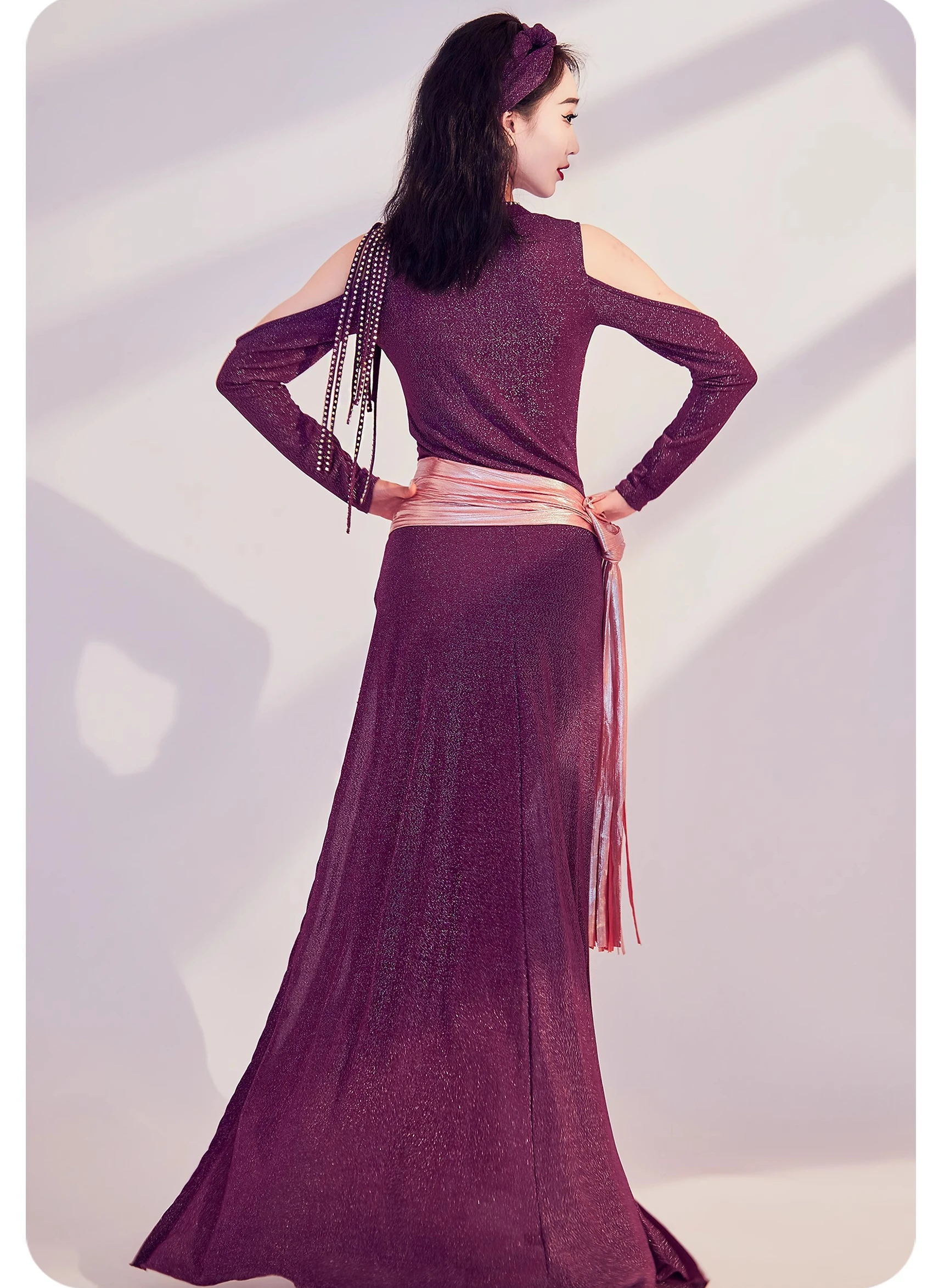 أزياء الرقص الشرقي الجديدة المخصصة، رداء طويل لامع، ملابس ممارسة الرقص الشعبي، فستان أداء بلدي #2