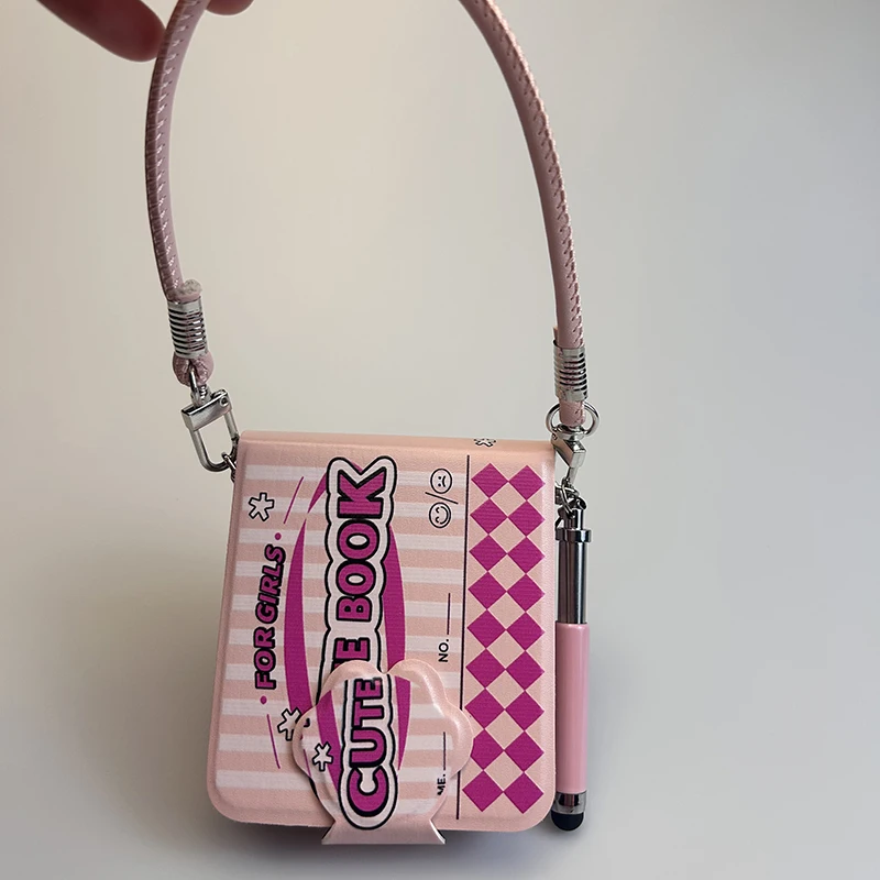 

z flip 5 pen case cute pink book flip case for Samsung z flip 5 case for galaxy z flip 5 leather cover with Stylus & Hand rope