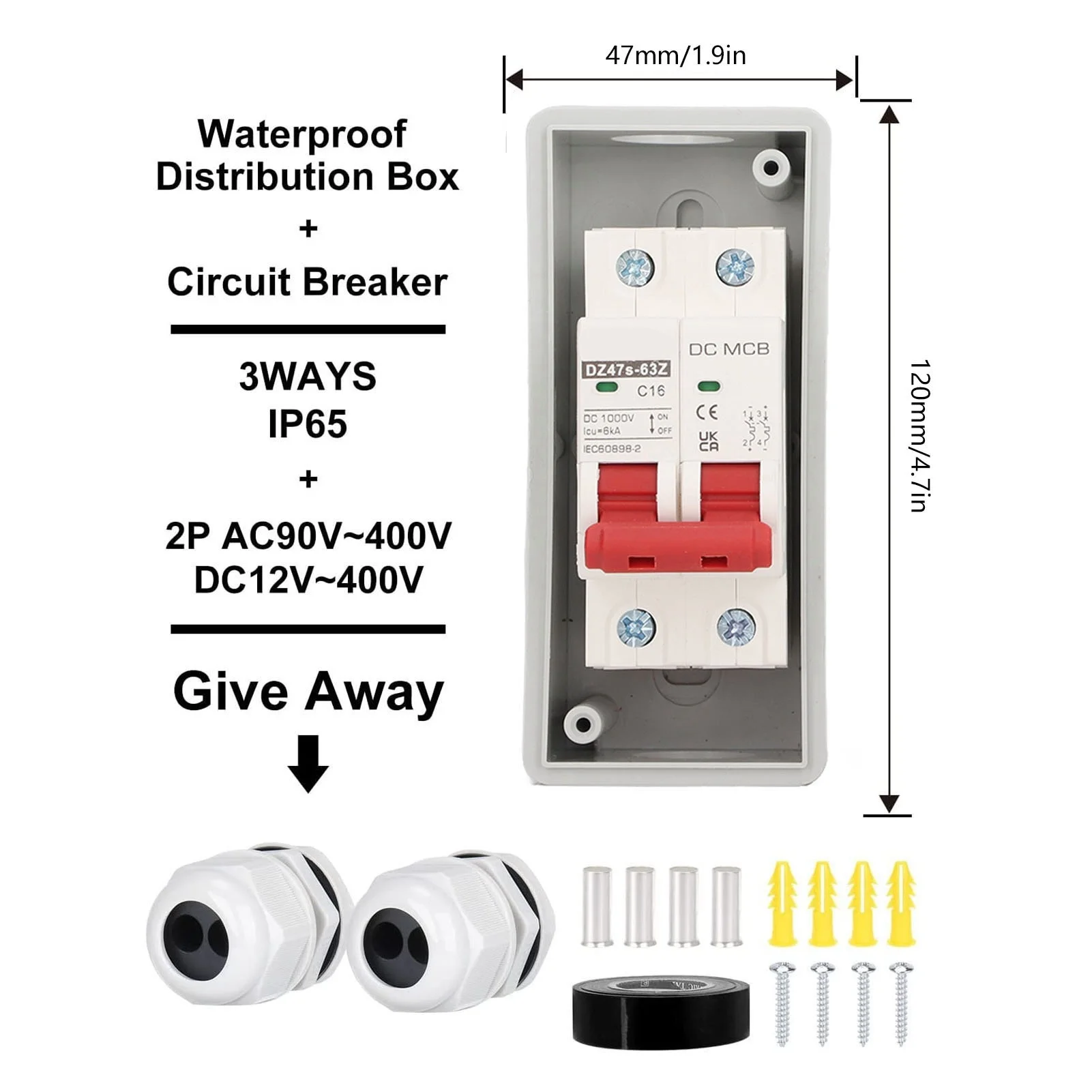 DC Circuit Breaker IP65 Waterproof DC Disconnect Switch for Solar PV System 2P 1000V 16A