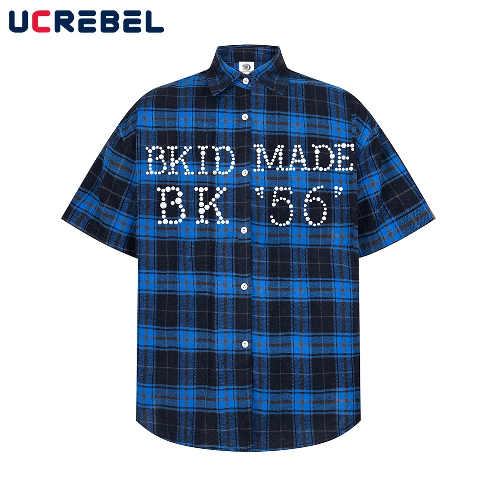 

Beading Letter Plaid Short Sleeve Shirts Mens Retro High Street Single Breasted Loose Lapel Half-Sleeve Round Hem Shirts Men