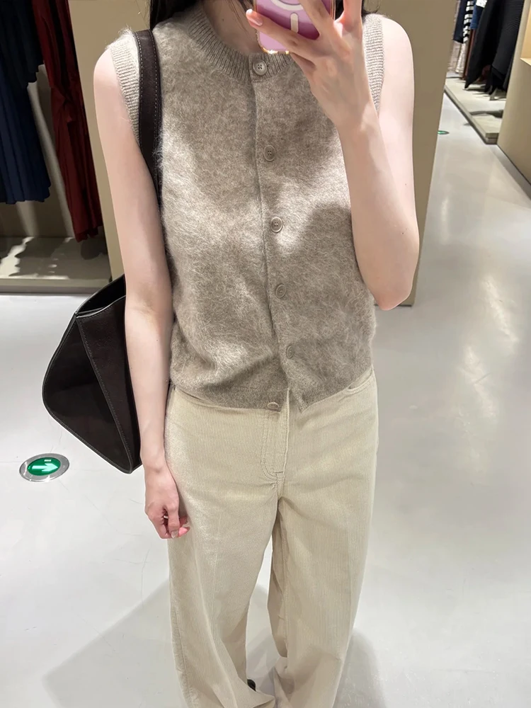 

Cos Sle круглый Ne Furry Brued вязаный жилет женский свободный многослойный топ удобный обычный тонкий на одной пуговице