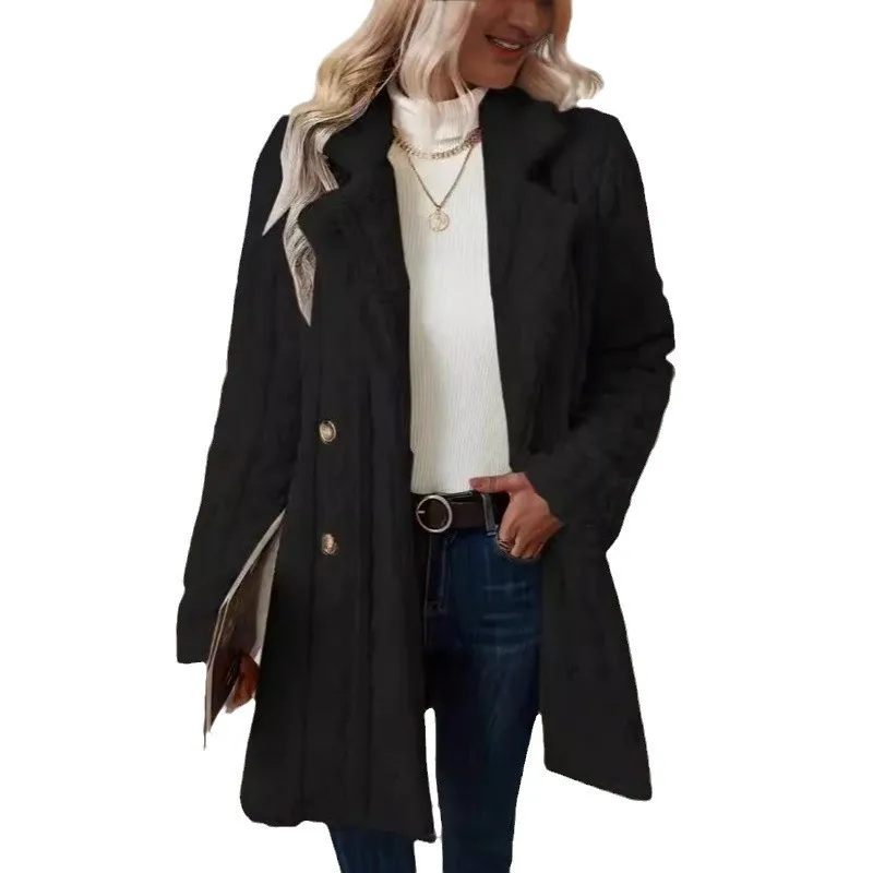 Casual Patchwork Coat Relaxed Fit Commuter Style with Button Closure Long Sleeve Midi Length Regular Sleeve Winter Women Coat