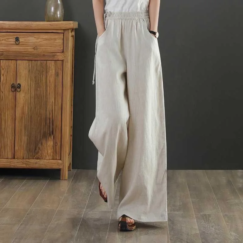 Loose Cotton Linen Wide Leg Pants Women Summer New Korean Fashion Straight Floor-Length Pants Casual Loose Fit Trousers
