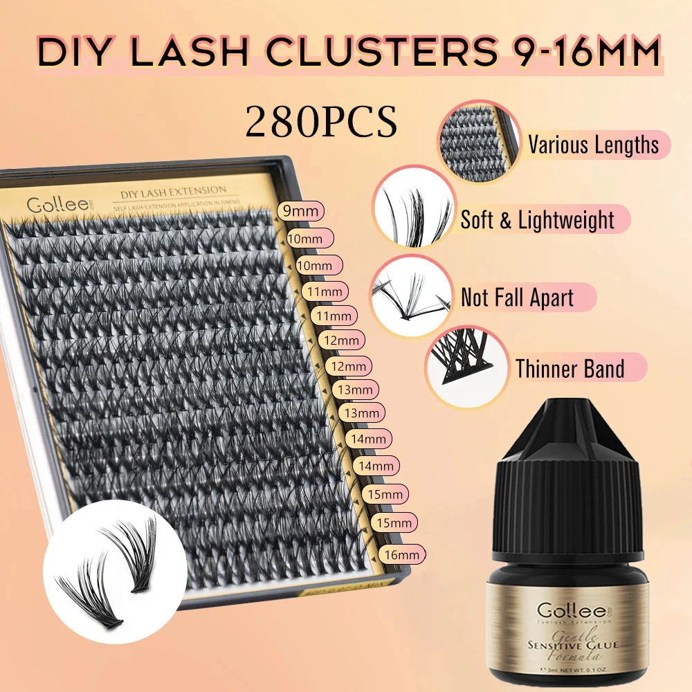 Gollee Eyelash Adhesive 20P /30 P/40P DIY Cluster Glue Eyelash 280pcs False Lash Glue Seal Set Home Use Bond Hold Lash Supplies