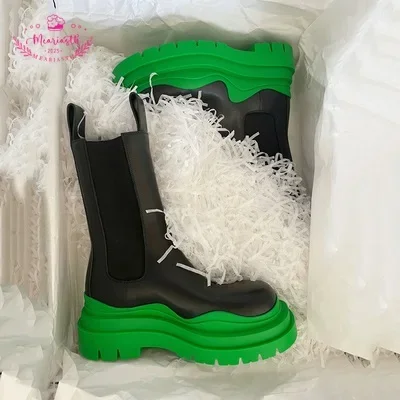 

Brand Boots Women Genuine Leater High Boot Fashion Chelsea Boots Lady Autumn Winter High Top Shoes Woman Platform slip on Boots