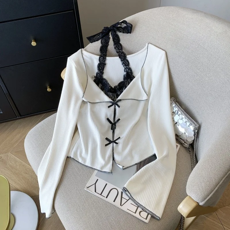 

Женская футболка Pure Desire Sweet Spicy Lace ter Ne T-irt с уникальными изысканными рукавами-колокол и узлом на спине, весна-осень