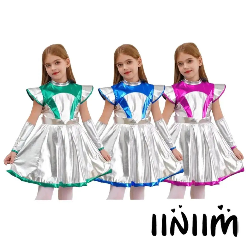 

Girls Fancy Dress Up Carnival Ball Party Alien Costume Outer Space Man Astronaut Robot Cosplay Party Shimmering A-line Dress