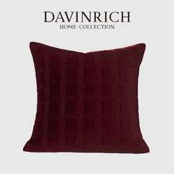 DAVINRICH 이탈리아 벨벳 쿠션 커버, 사각형 기하학 패턴, 자카드 자수, 버건디 장식 소파 베개 케이스, 45x45cm