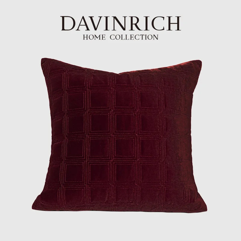 DAVINRICH Italian Velvet Cushion Cover Square Geometric Pattern Jacquard Embroidery Burgundy Decorative Sofa Pillow Case 45x45cm
