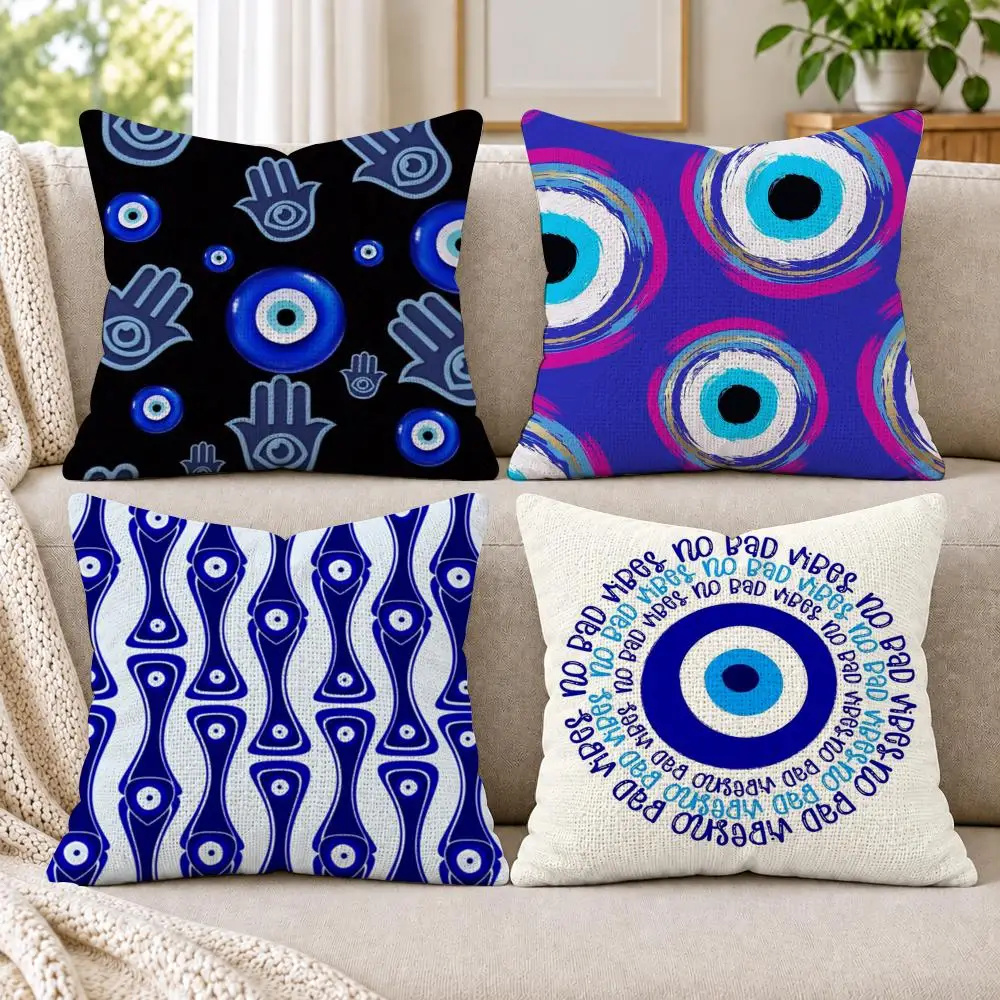 Evil Eye Symbol Art Cushion Cover Linen Fabric Double-Sided Printing Sofa Living Room Throw Pillow Case Home Decor