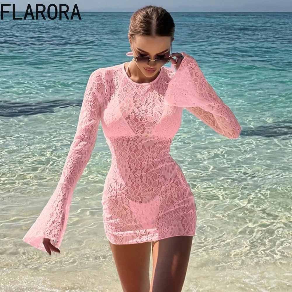 

FLARORA Beach Style Lace 3 Piece Sets Woman Sexy Hot See Through Flare Sleeve Dress+Bra+Panty Vacation Party Clubwear Outfits