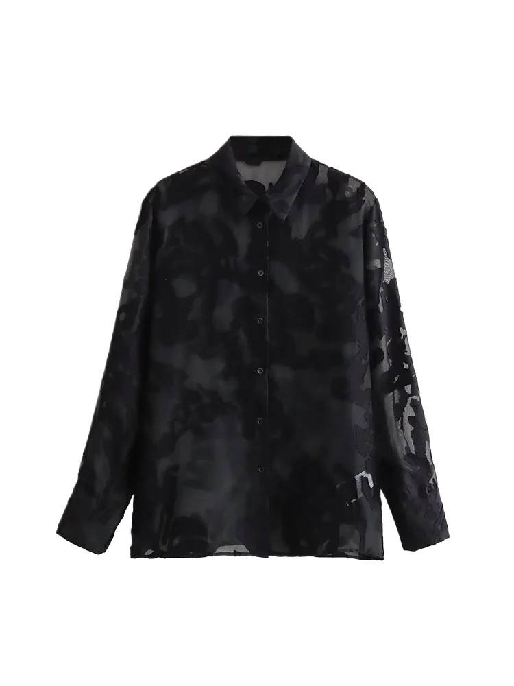 2024 Autumn Shirt Women Semi Sheer Chiffon Blouse Female Button Up Elegant Chic Woman Shirts Long Sleeve Tops