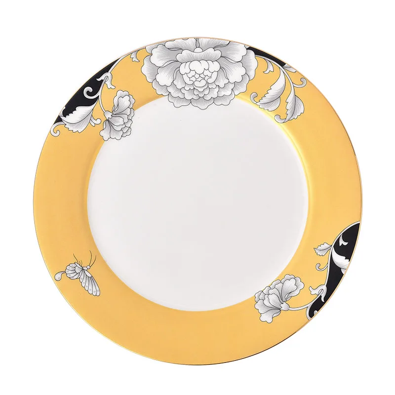 

10 Inch Hotel Kitchen Tableware Plate Bone China Round Western Plate Beautiful Flower Steak Disk Salad Fruit Plates