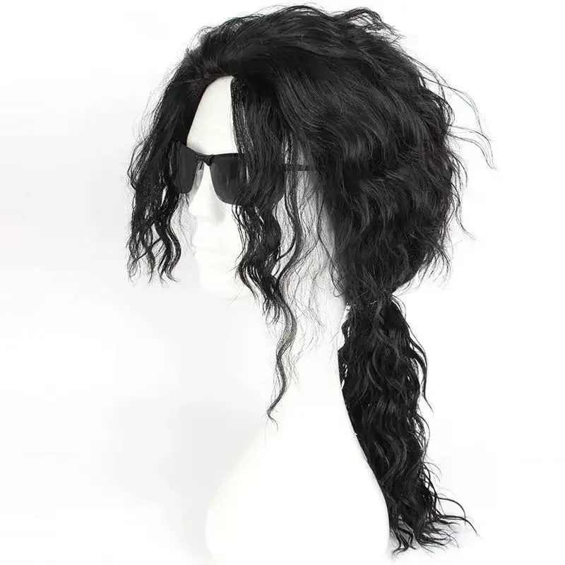 Anime Character Men's Synthetic Fiber Black Curly Wig Heat-Resistant Full-Weave Construction Essential Party Costume Accessory