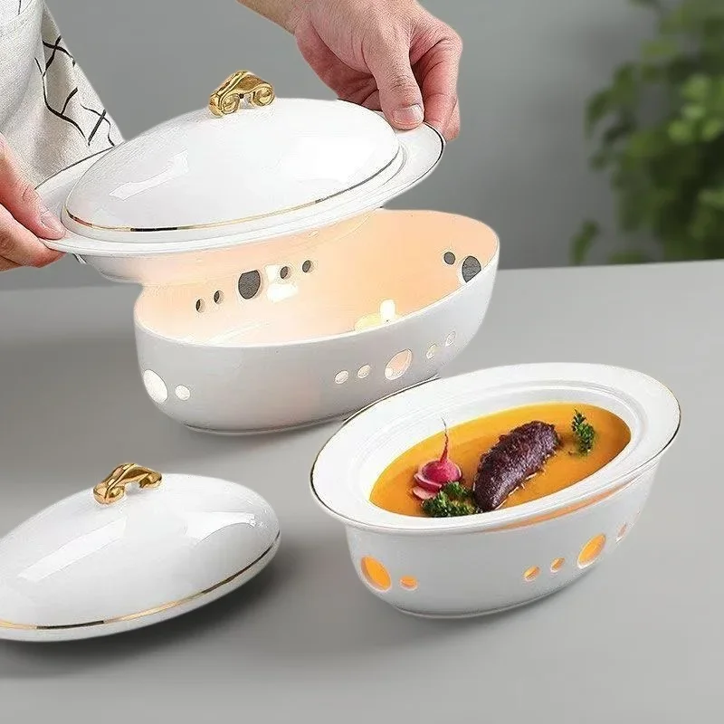 White Ceramic Steak and Western Tableware High-grade Double-layer Heat-insulating Shallow Tray Creative Heating Flat Plate