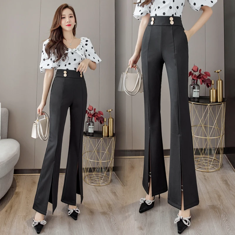 Superior Design Koren Fashion Office Ladies Split Hem Bell-bottoms Pants Women High Waist Black Cropped Trousers Dropshipping