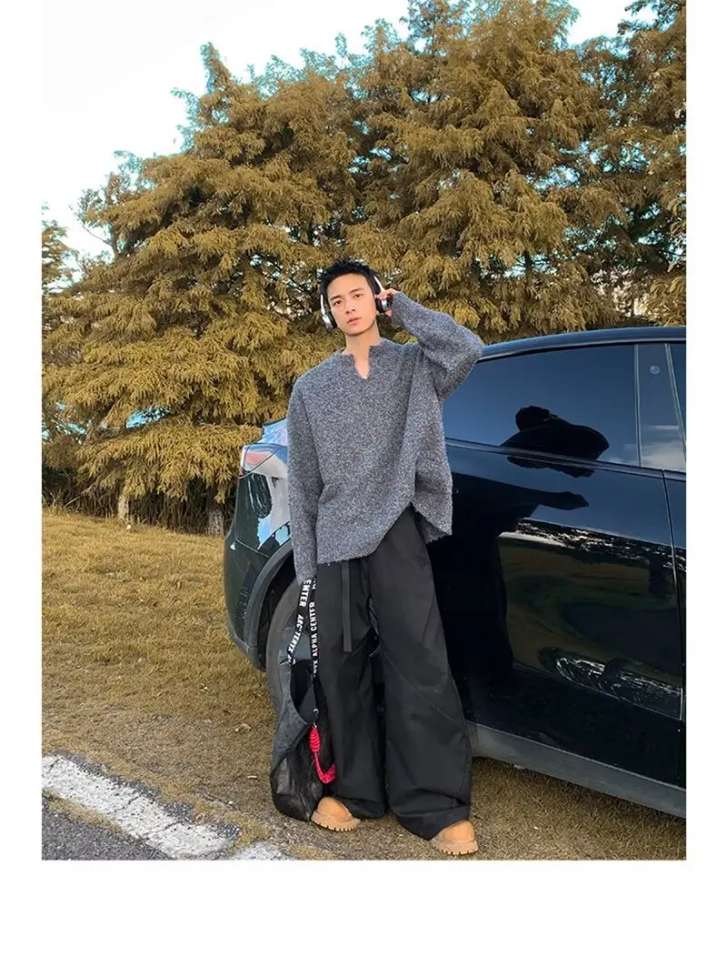 أزياء الخريف/الشتاء بالإضافة إلى حجم البلوز الخامس الرقبة طويلة الأكمام البلوز فضفاضة محبوك سترة الرجال #6