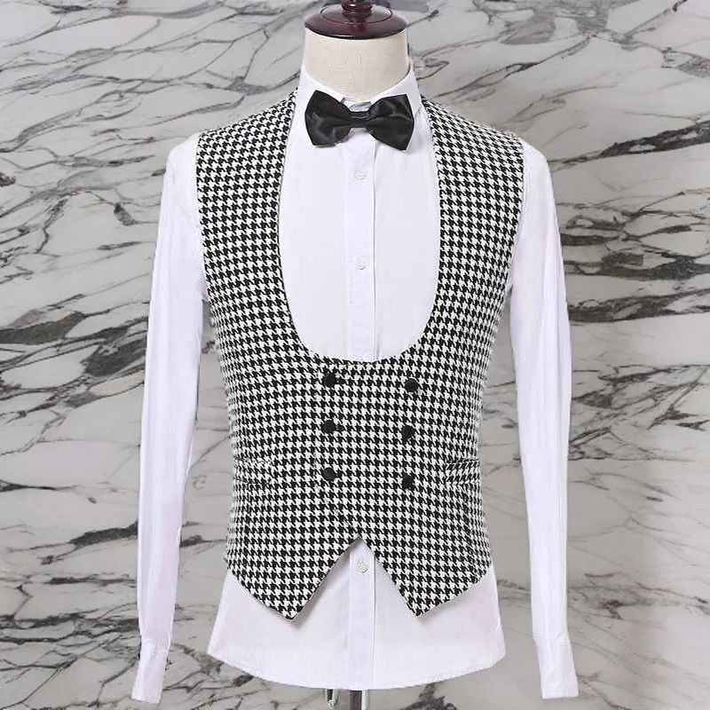 Check Plaid Suit Vest Men with Double Breasted for Gentleman Single One Piece Casual Houndstooth Waistcoat Fashion Costume