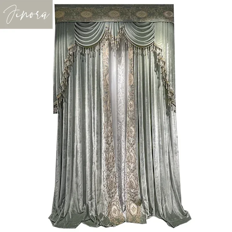 Jinora Premium Luxury Custom Court Romantic Style Velvet Embroidered Curtains for Bedroom Living Room French Window Villa