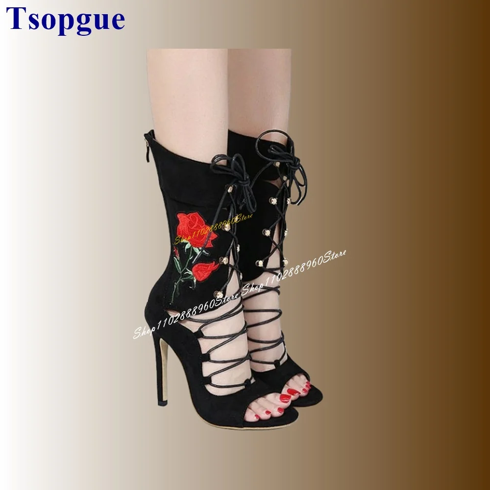 Mid Calf Cross Tied Black Flock Rose Decor Sandal Boots Thin High Heel Women Shoes Back Zipper Peep Toe 2024 Zapatos Para Mujere