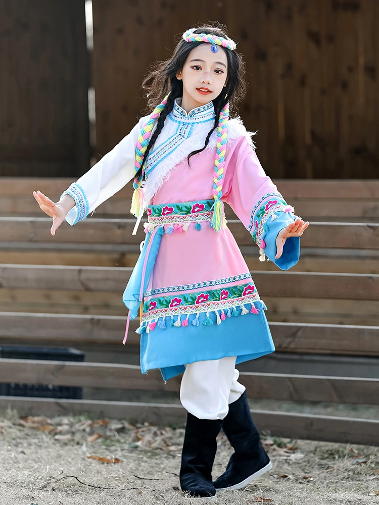 

Детская тибетская этническая одежда для танцев, новый стиль, летняя длинная роба в монгольском стиле, традиционный костюм для девочек