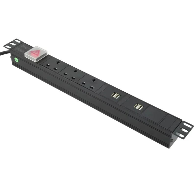 1U 19 Inch Rack Mount PDU UK Socket Power Distribution Unit with USB Charger for Server Rack Cabinet Data Center