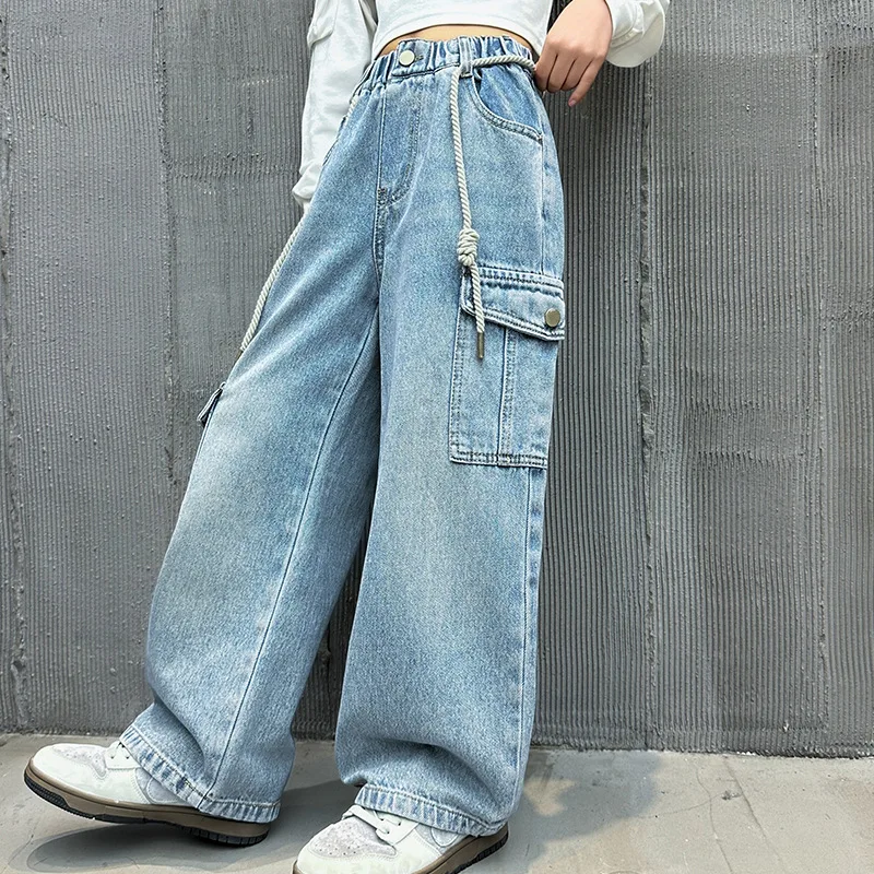 Teenagers Girls Cargo Jeans Spring and Autumn New Children Loose Multi-pocket Wide-leg Pants Kids Straight Baggy Trousers 5-15Y