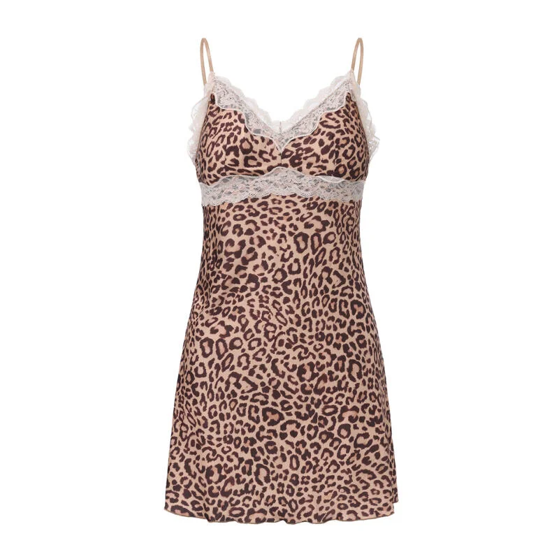Leopard Women Sexy Sleepwear Night Gowns Satin Sleeveless Nightwear Intimate Lingerie Homewear Elegant V Neck Lace Nightgown