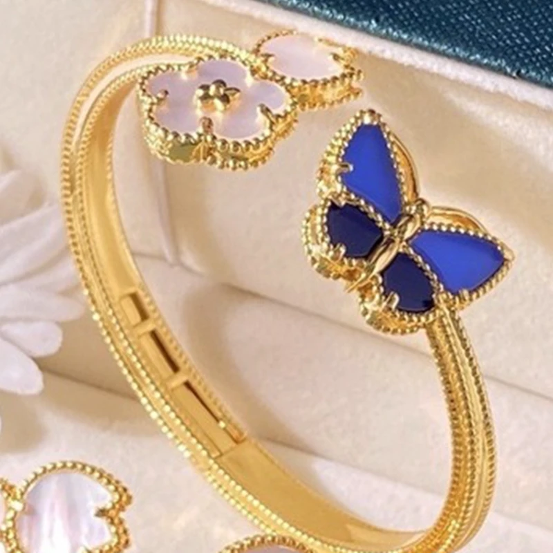 S size New White Mother of Pearl Flower Blue Agate Butterfly Cuff Bangle Bracelet 18K Gold plated Luxury Designer Party Jewelry