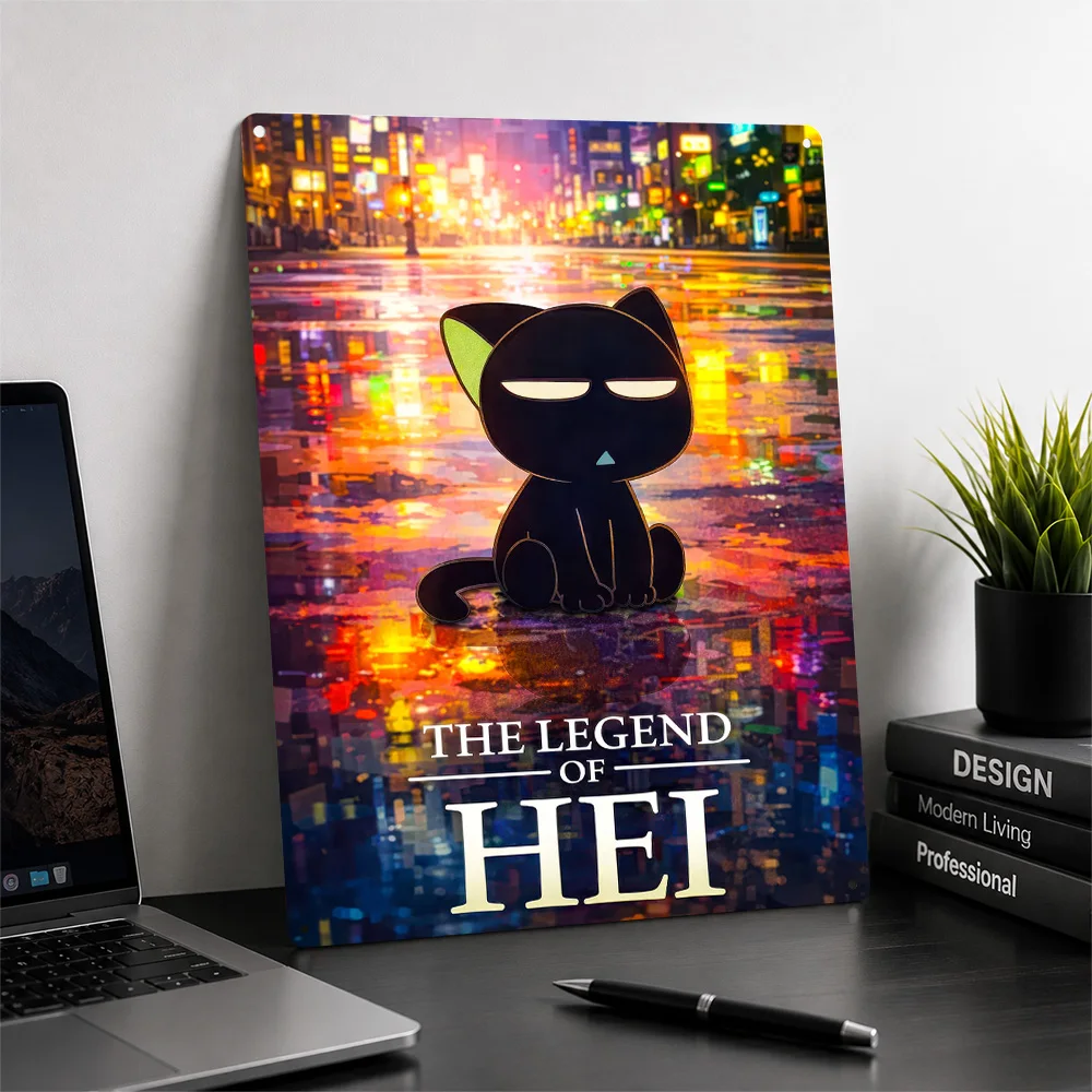 The Legend of Hei Cat in City 3D Texture Metal Poster Customized Wall Art Tin Sign Gift for Mancave Decoration Room Accessories