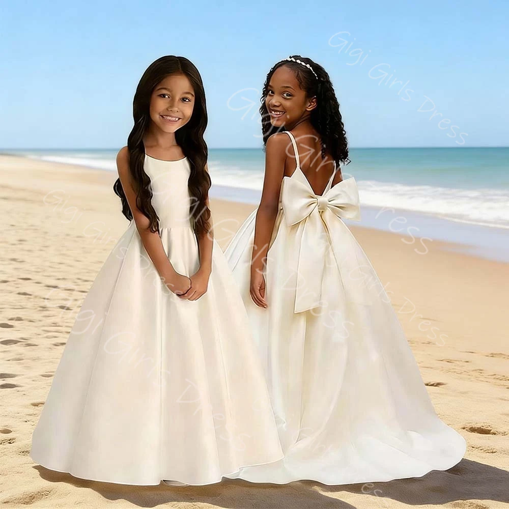 

Атласное платье для девочек А-силуэта/принцесса с цветочным узором для свадьбы, на тонких бретельках, с открытой спиной, для первого причастия, нарядное платье на заказ для праздников