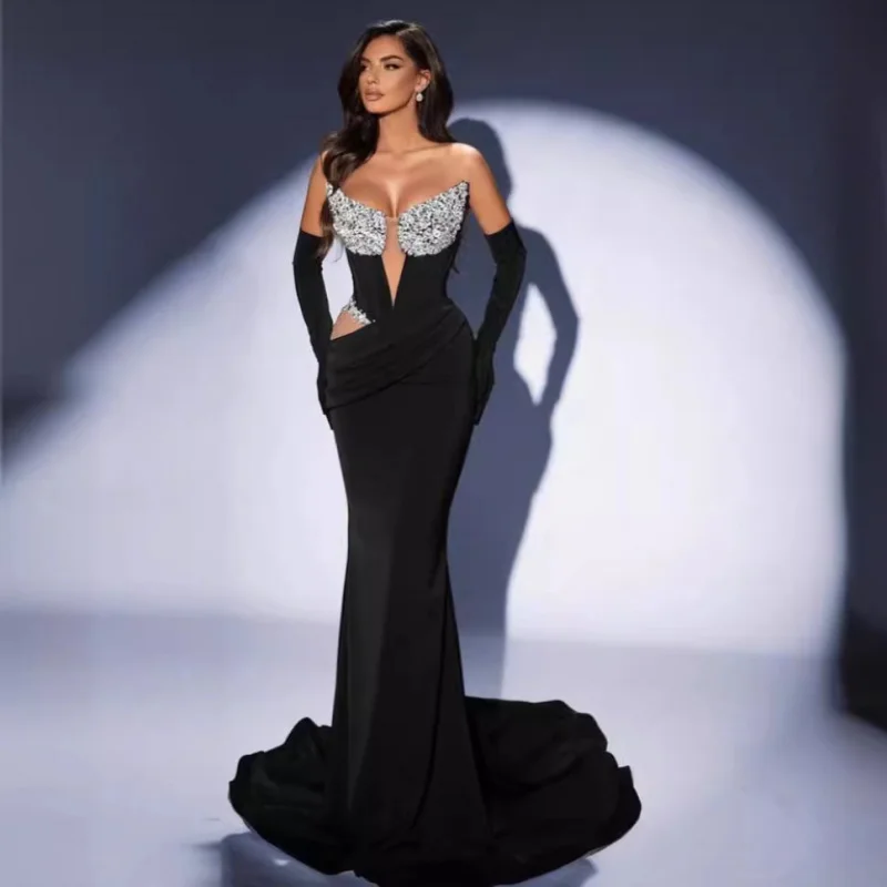 2025nova chegada vestido feminino luvas da moda prata lantejoulas oco baixo corte tubo de veludo vestido superior elegante vestido de noite