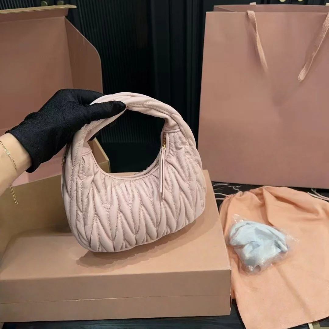 

Real Leather Bags for women 2025 bowling bag lambskin cute slung high quality hobo armpit bag pleated crescent bag portable bags