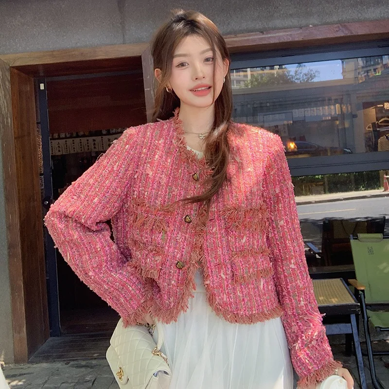 لقطة حقيقية مخصصة عالية الجودة تويد سترة قصيرة المرأة خريف شتاء معاطف الوردي