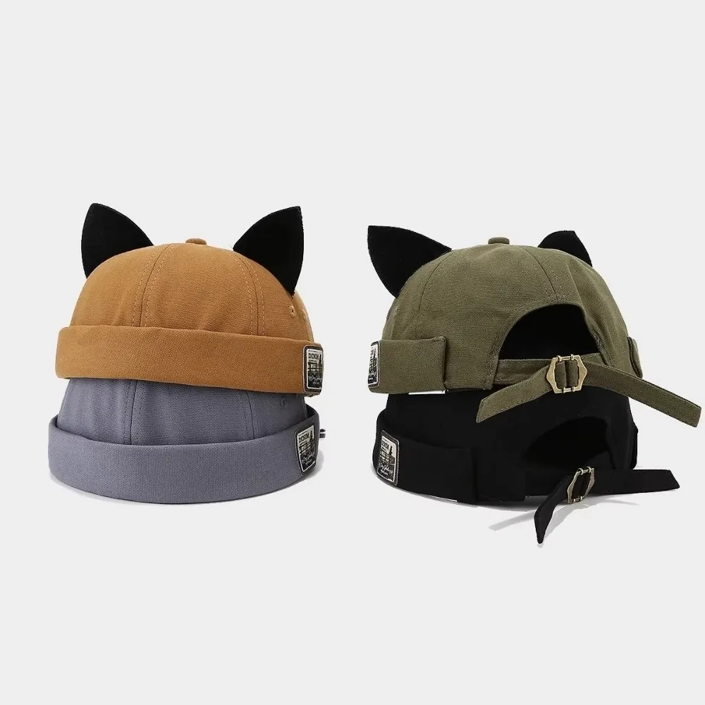 Creative Cute Cat Ears Brimless Hat Breathable Without Brim Dome Melon Cap Unisex Adjustable Solid Color Docker Hat Casual Wear