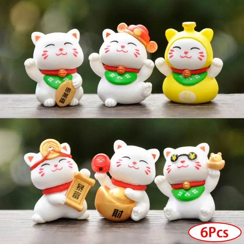 6Pcs Cartoon Lucky Cat Model Animal Figurine Miniature Micro Landscape Fairy Garden Ornaments Craft Home Office Table Decoration