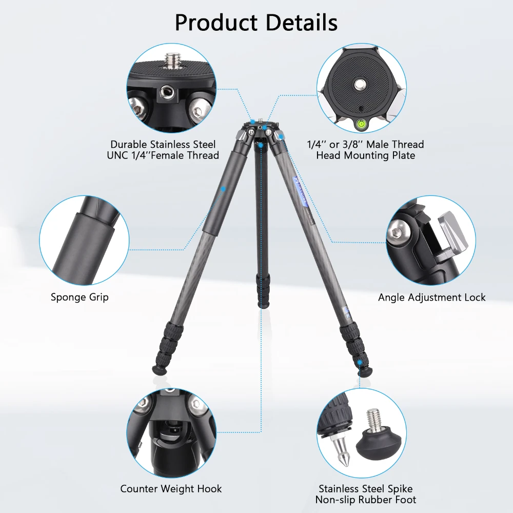 ARTCISE CT70C 158cm 카본 파이버 삼각대 29mm 튜브 전문가용 초안정&초경량 여행용 삼각대 (DSLR 카메라용, 최대 하중 20kg)