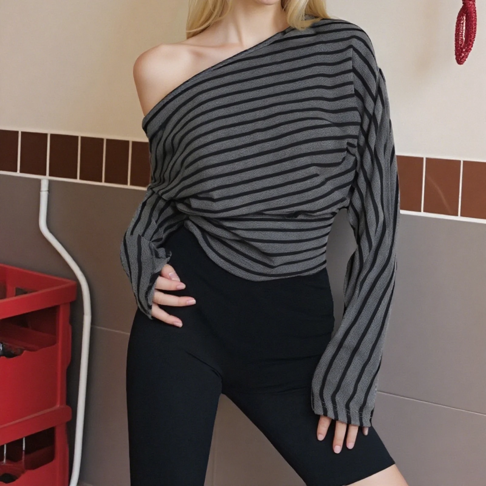 시크 여성용 오프숄더 패치워크 탑 스트라이프 프린트 긴팔 허리 조임 티셔츠 스트리트웨어