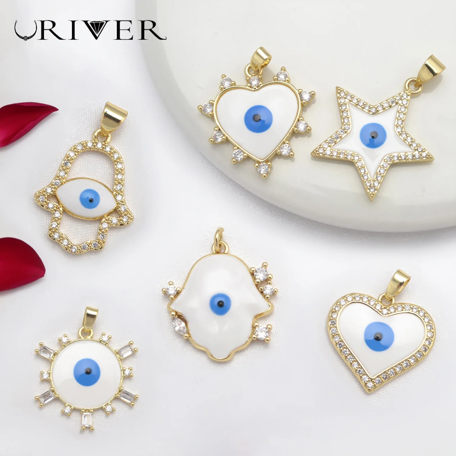 LJRIVER 5 Pcs Devil Eye Pendants for DIY Jewelry Women/man Enamel Necklace Bracelet Charms Heart Moon Star Creative Accessories