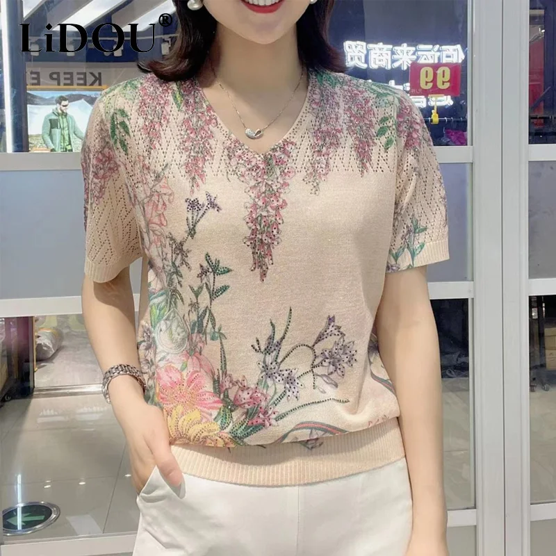 2023 Summer New Fashion V-neck Short Sleeve Floral Printing T-Shirts Women Rhinestone Elegant Temperament Loose Casual Pullovers