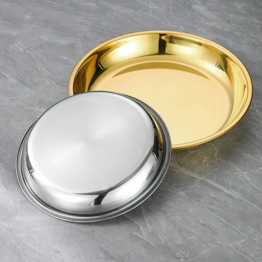 Silver Stainless Steel Round Plate Shallow Tray Rustproof Easy Clean Outdoor Camping Tray Flat Picnic Snack Plate BBQ