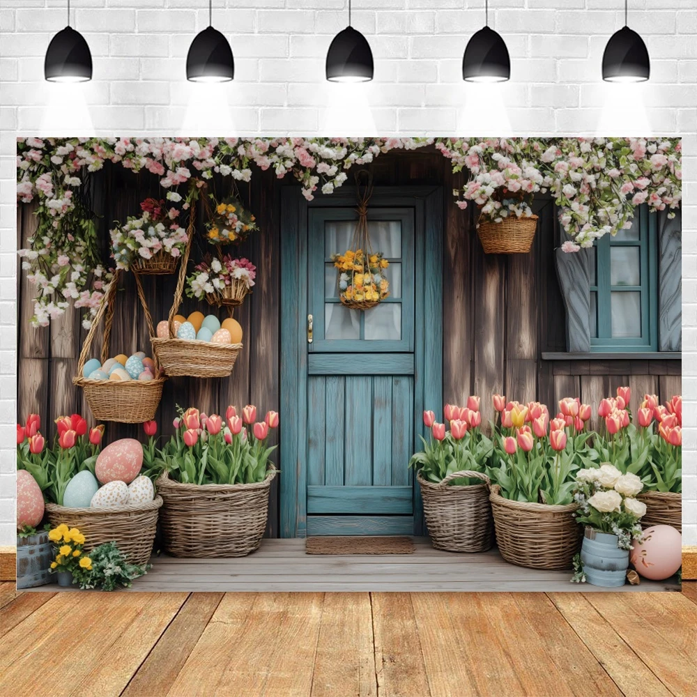 Happy Easter Photography Background Wooden Door Flowers Tulip Eggs Kids Birthday Party Decor Baby Shower Backdrop Photo Props