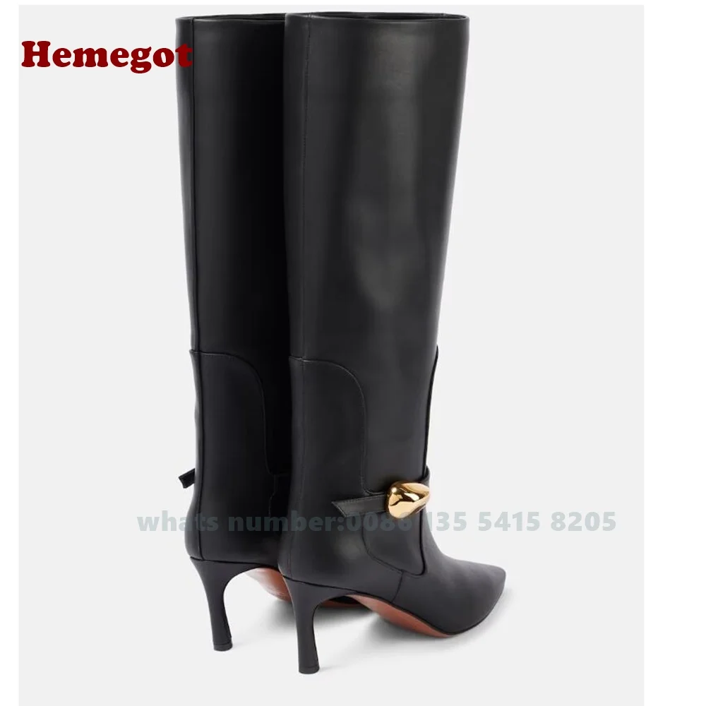 Brick Red Metal Buckle Knee High Boots Pointy Toe Slip On Kitten Heels Women's Boots Winter Solid Warm Casual Shoes Leather Sexy