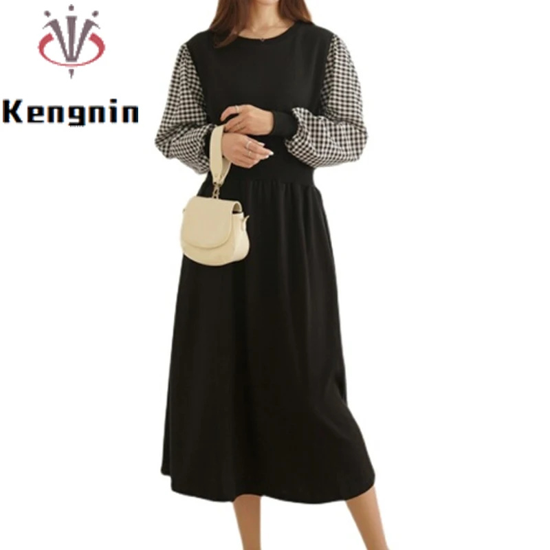 

New 2023 Spring Autumn Women Hoodies Dresses Loose Oversize 5XL Knitted Patchwork Plaid Ladies Casual Vestido Female Robe KE2368