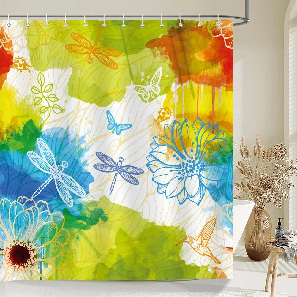 Watercolor Bird Pattern Shower Curtain, Bathroom Decor  Flowers Printing Waterproof Fabric Shower Curtians with Hooksin